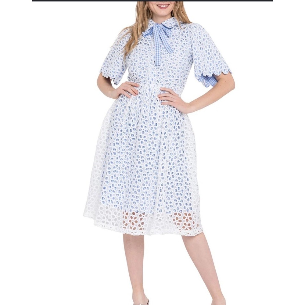 English Factory Eyelet Gingham Floral Lace Dress Bow Southern Cottagecore Picnic